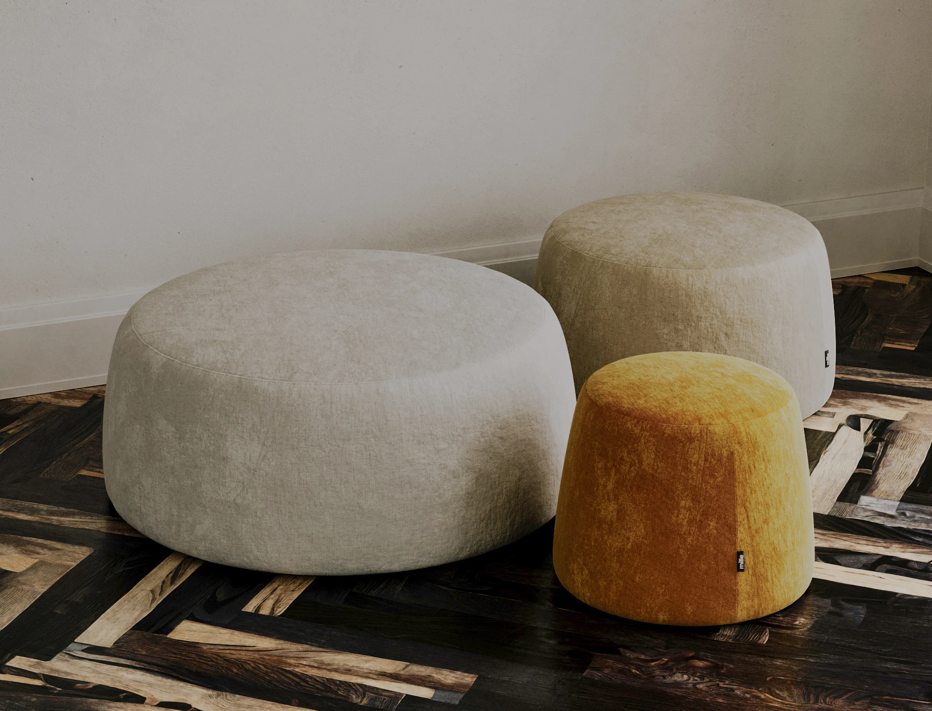 Macarons pouf photographed in a styled living room interior