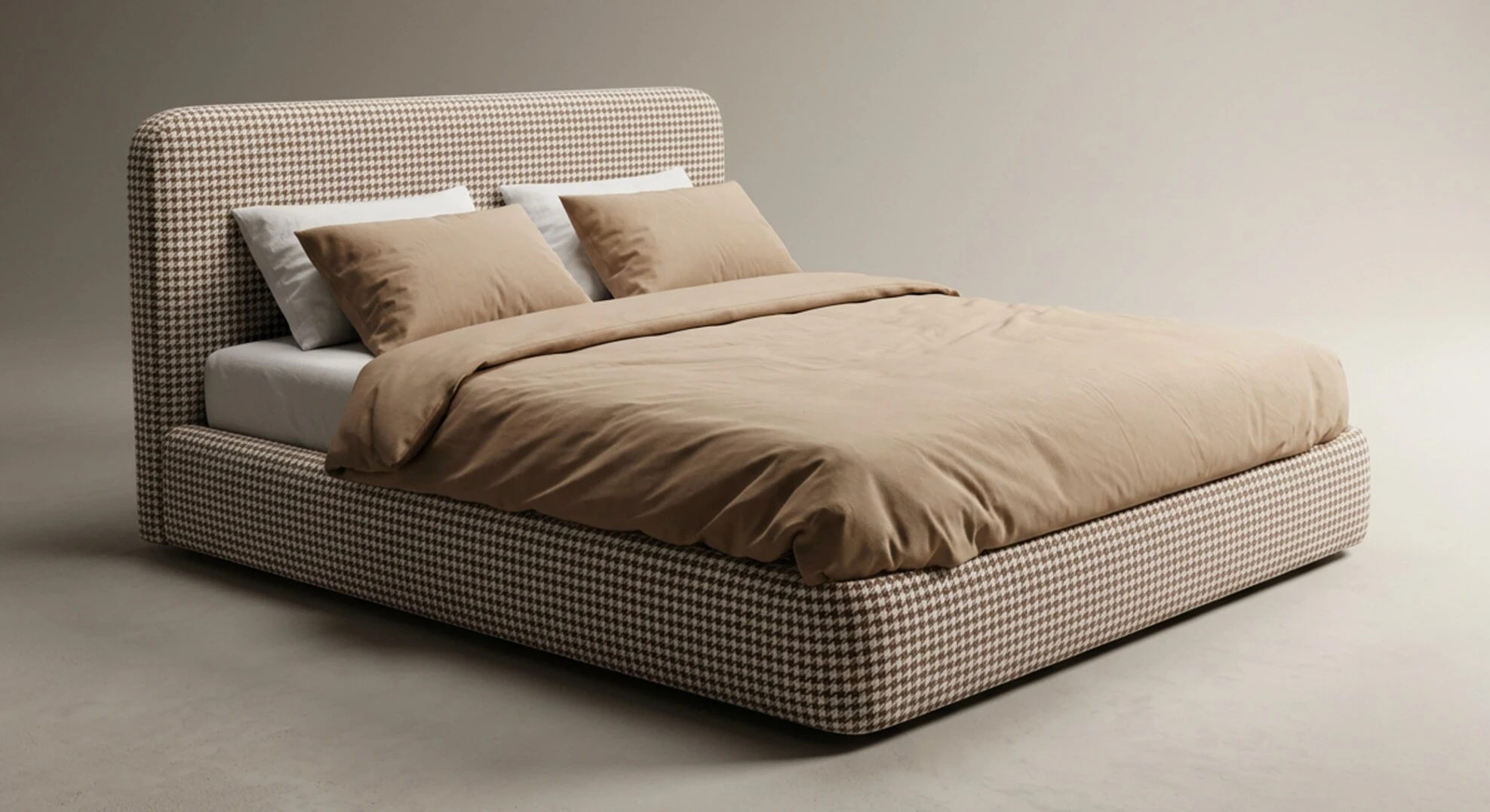 Cream boucle bed with arched headboard, studio render