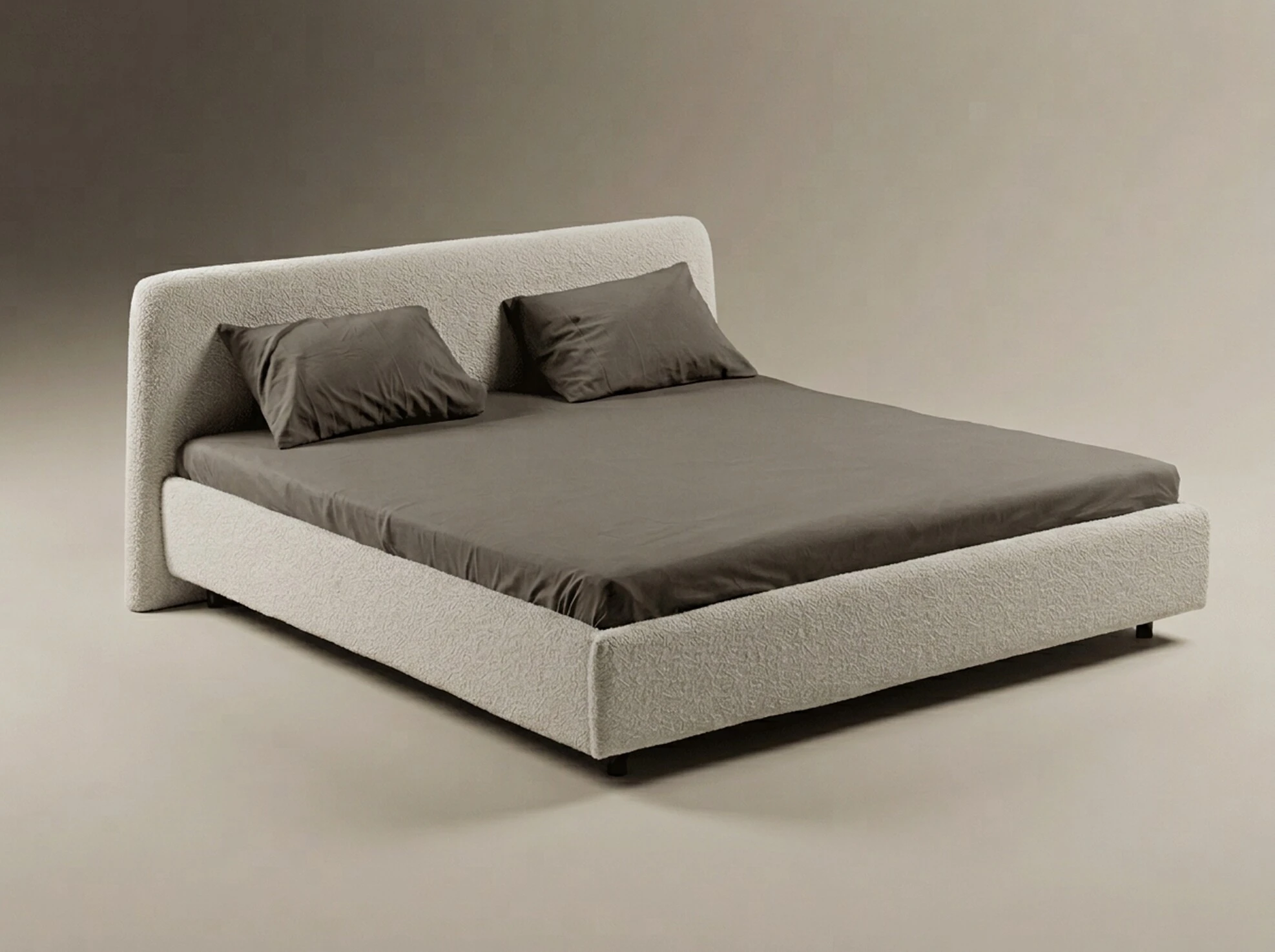 Soft pillow-form bed in warm cream boucle, studio render