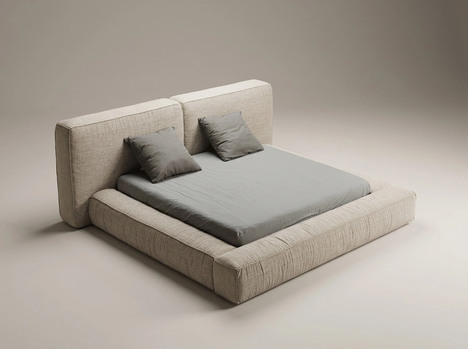 Houndstooth-upholstered bed with brown sateen duvet, studio render