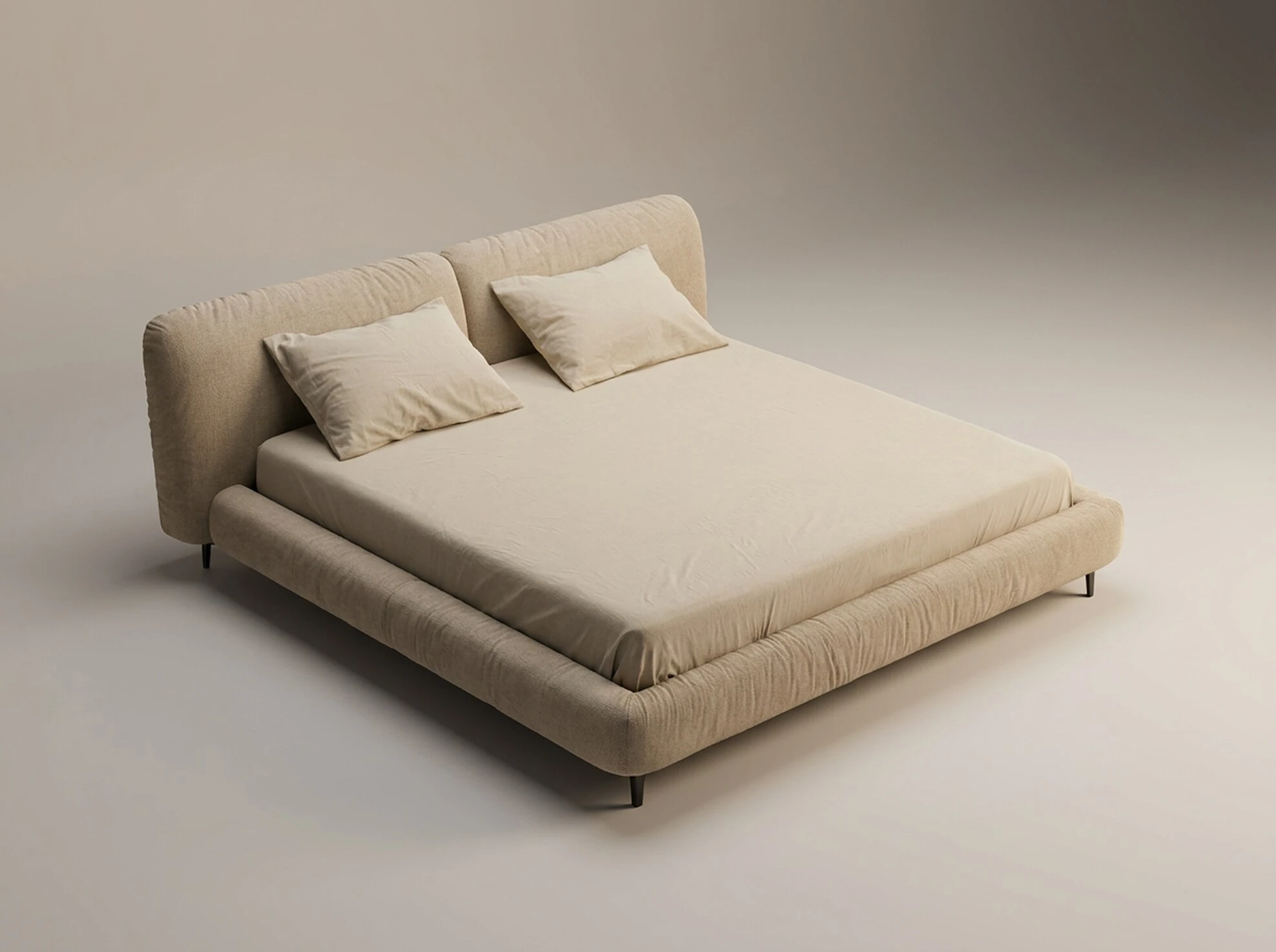 Sand boucle bed with rounded pillow headboard, studio render