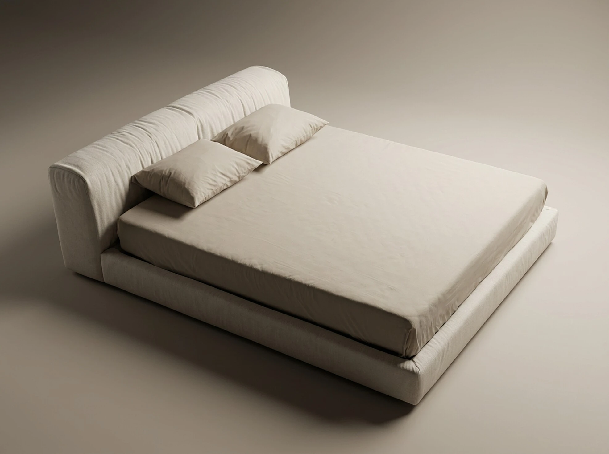 Bench-extended bed in sand fabric, studio render