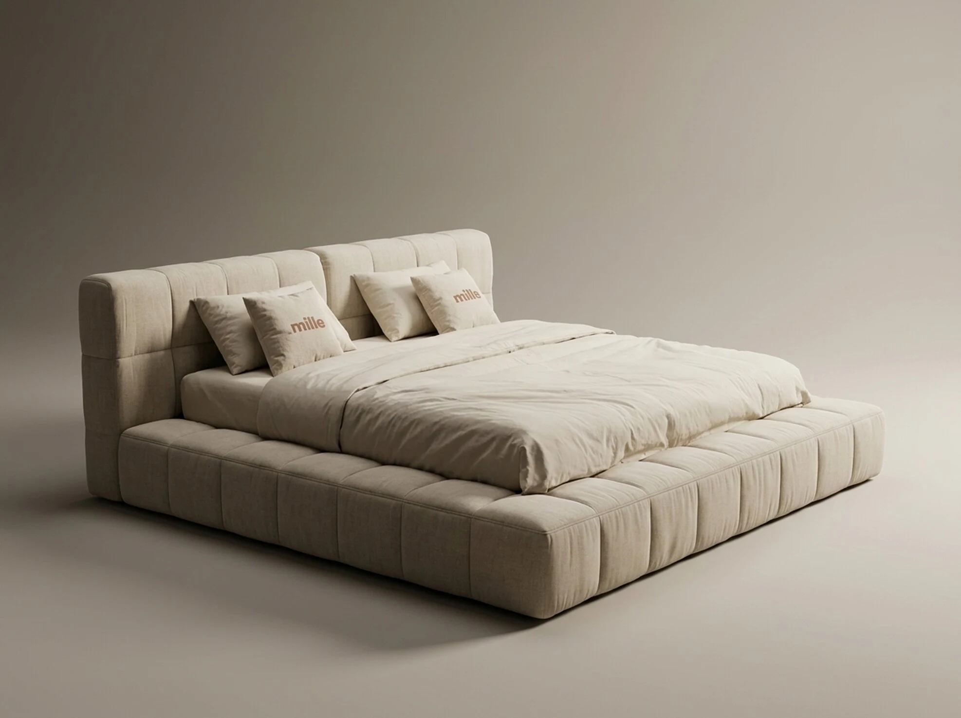 Arched dome bed in sand Belgian boucle, studio render