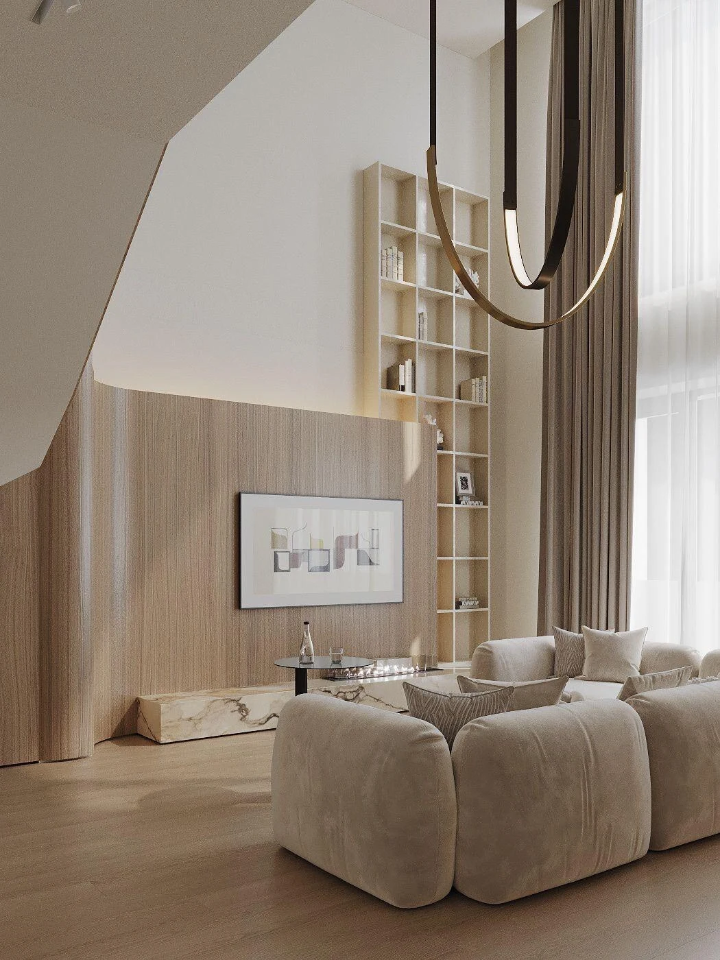 Cream Tesa in a double-height render apartment with an abstract painting on a wood-paneled wall and marble pedestal accents