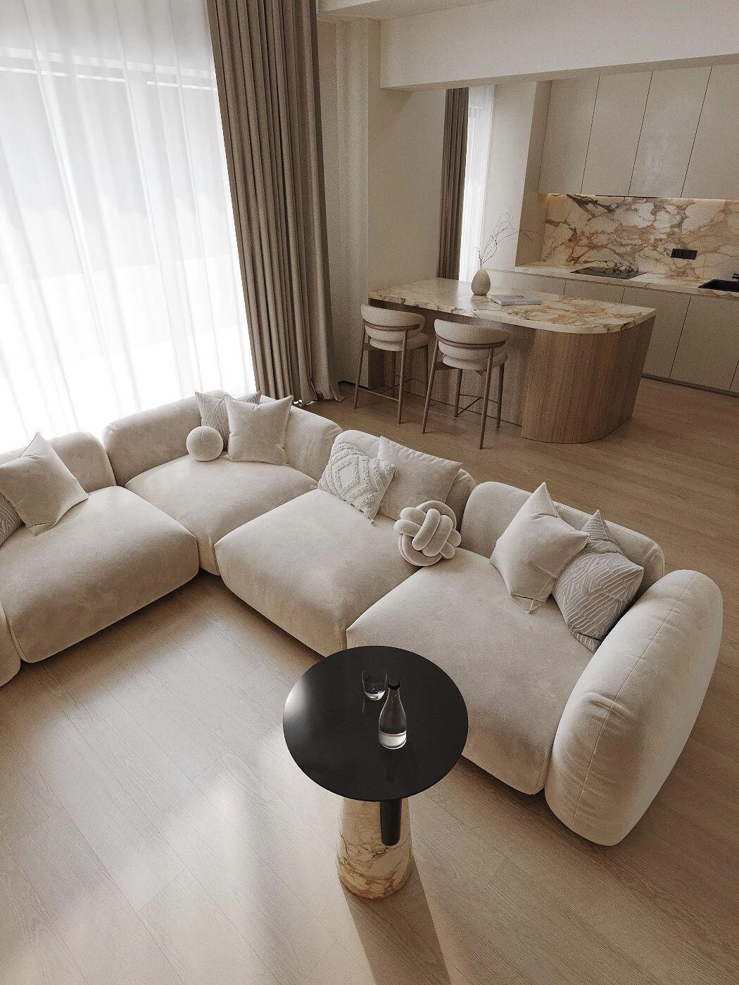 Top-down view of a modular Tesa sofa, light combing across the cushions