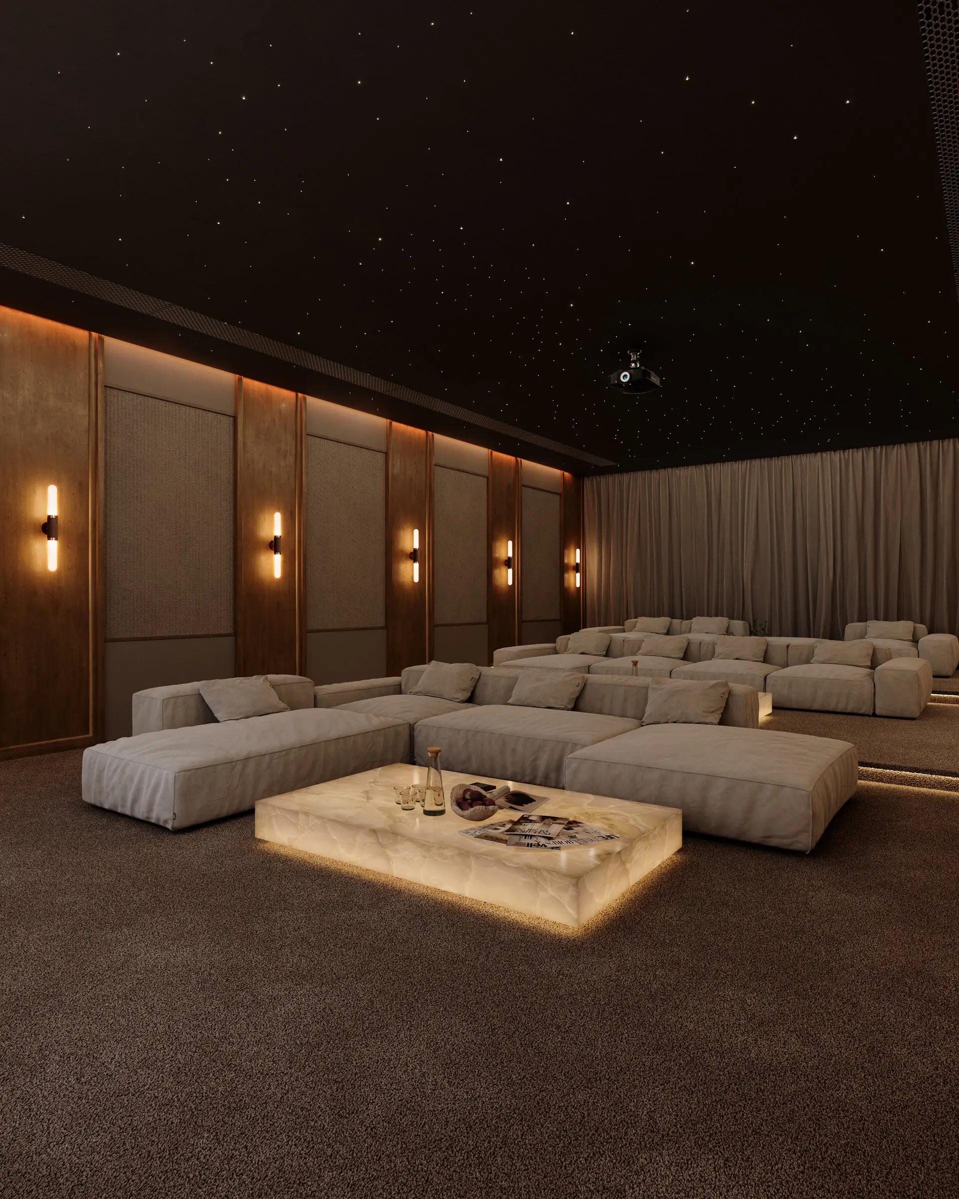 Greige Milano sectional in a home cinema with a star-lit ceiling and a glowing onyx coffee table