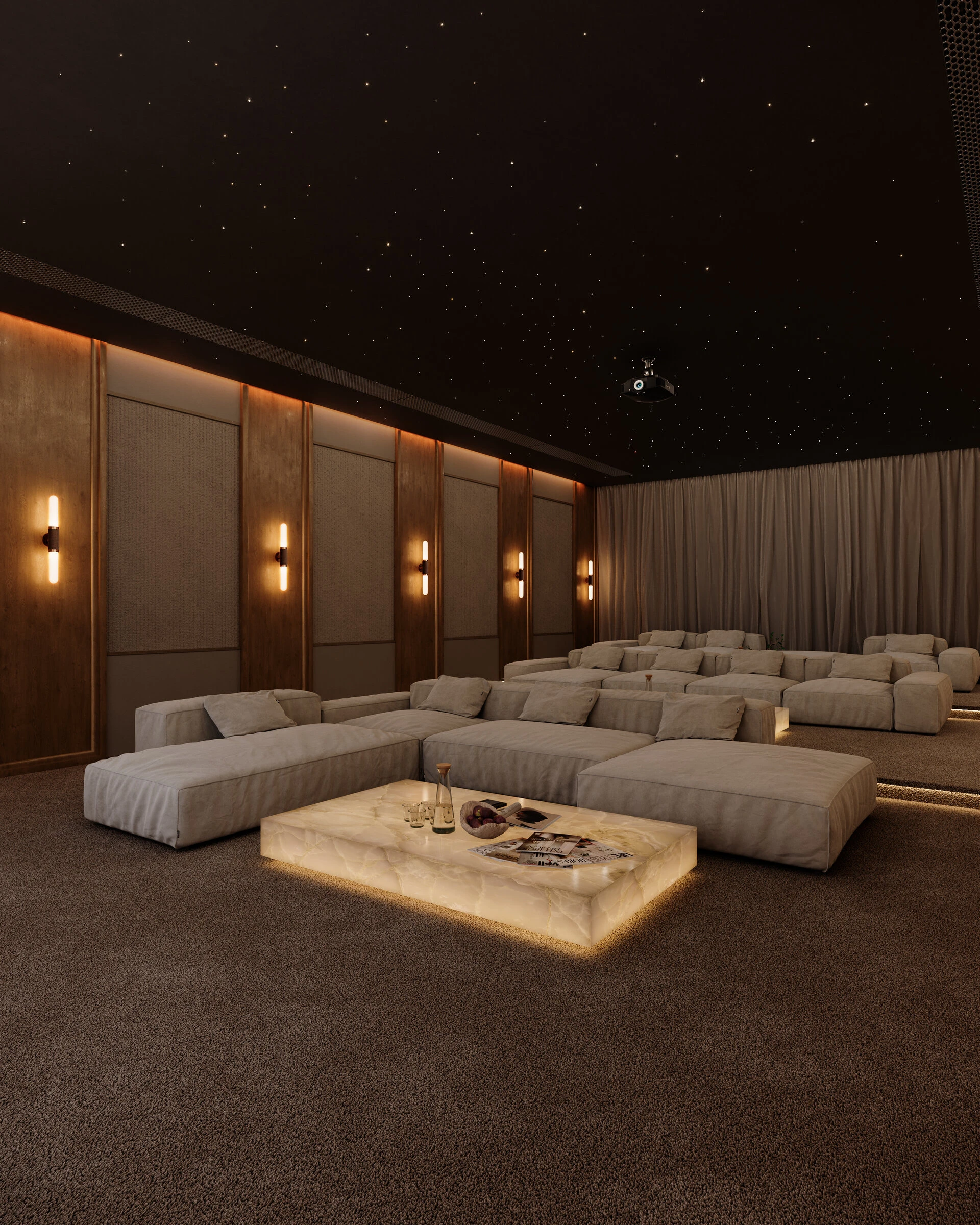 Greige Milano sectional in a home cinema with a star-lit ceiling and a glowing onyx coffee table