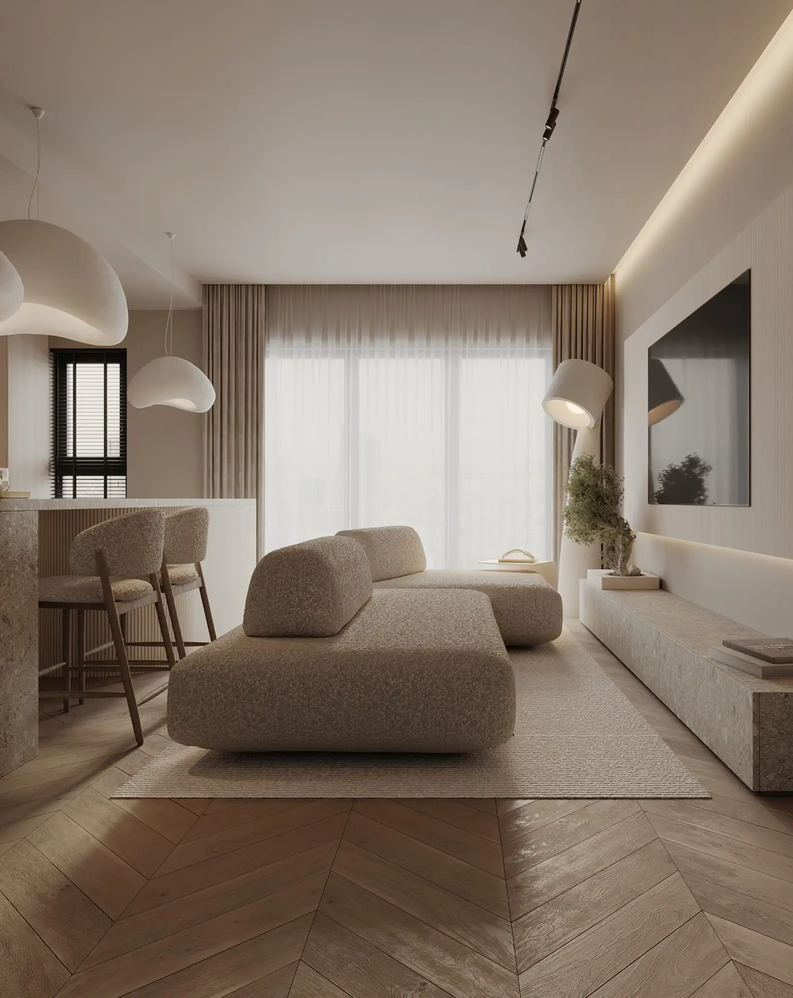 Cream Deseda render in an apartment with oak chevron floor and warm pendant lights