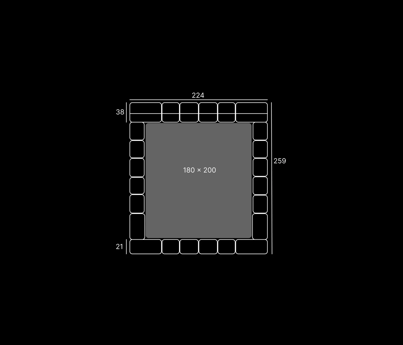 Top-down dimensions diagram showing the Nao at 224 by 259 centimetres outer footprint around a 180 by 200 centimetre mattress