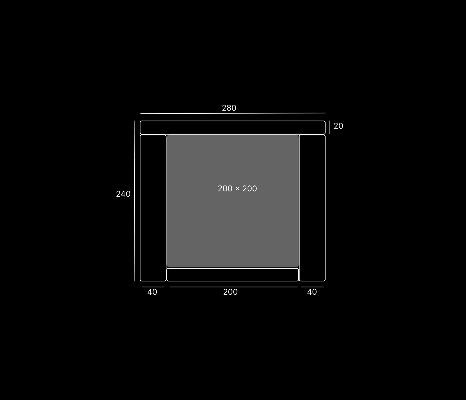 Top-down dimensions diagram showing the Connect slim configuration at 280 by 240 centimetres outer footprint around a 200 by 200 centimetre mattress, perimeter bumper only