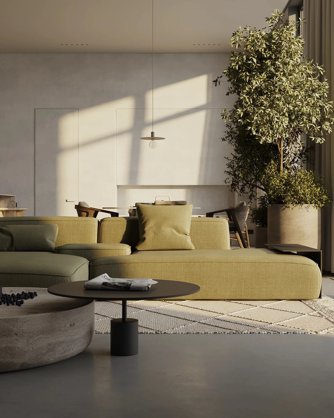 Olive Kingston in a dramatic editorial with a tall plant