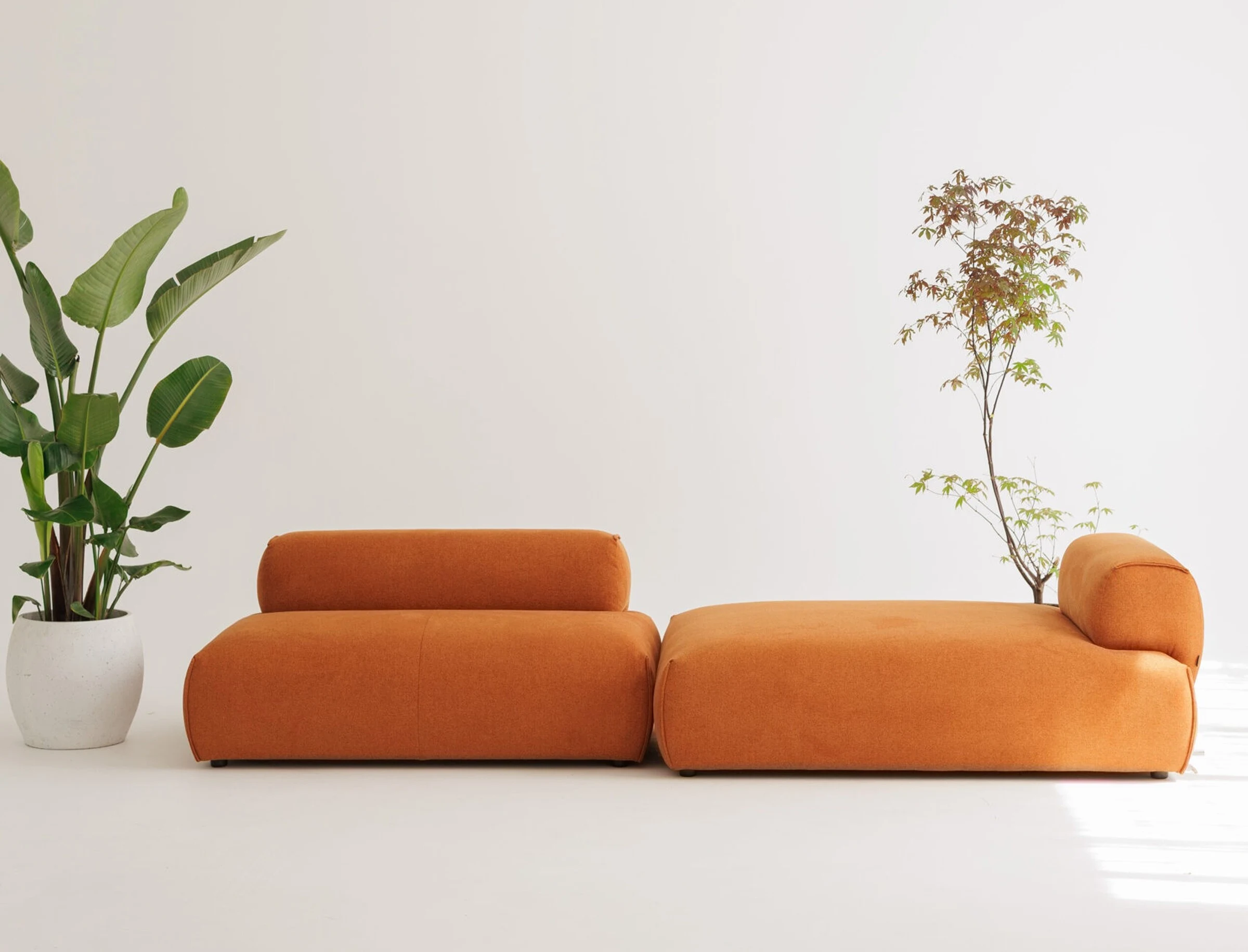 Rust Nissa pair with chaise on a white studio stage with a plant