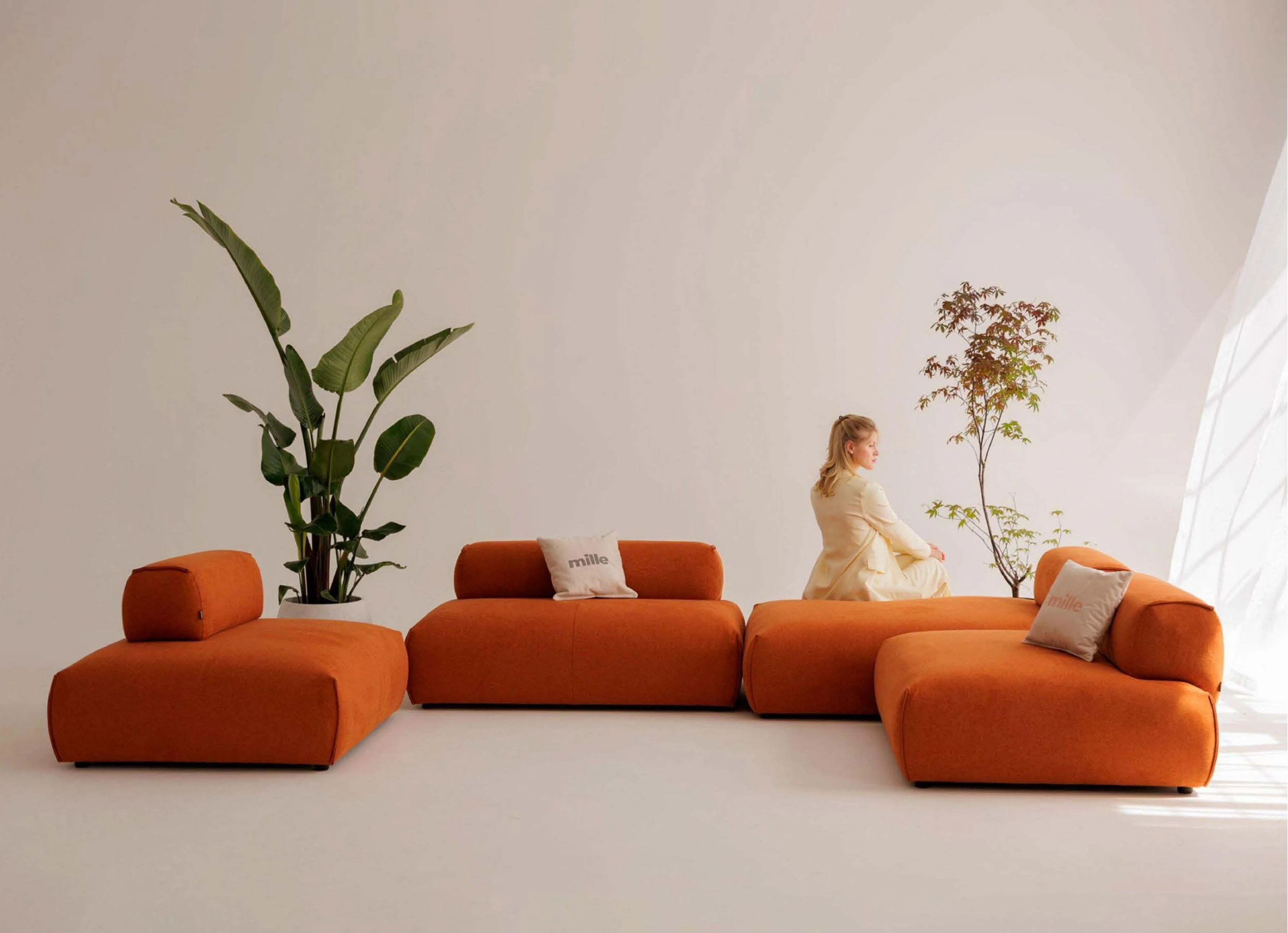 Five low Soft modules in burnt umber boucle, arranged in a sun-lit studio with plants.